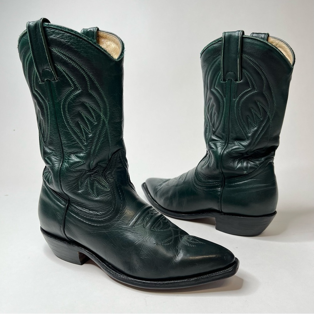 BOULET Hunter Green Stitched Leather Western Cowgirl Cowboy Pointed Toe Boots
